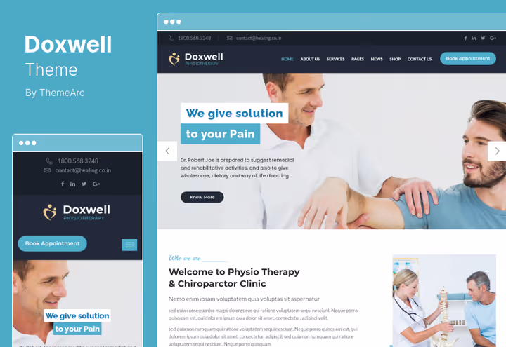 Tema Doxwell design minimalista para um centro de reabilitação