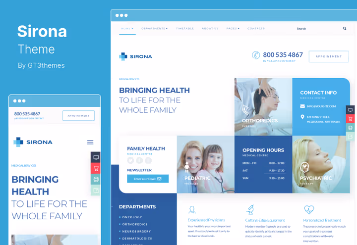 Tema Sirona em Elementor para uma clínica médica multiespecialidades