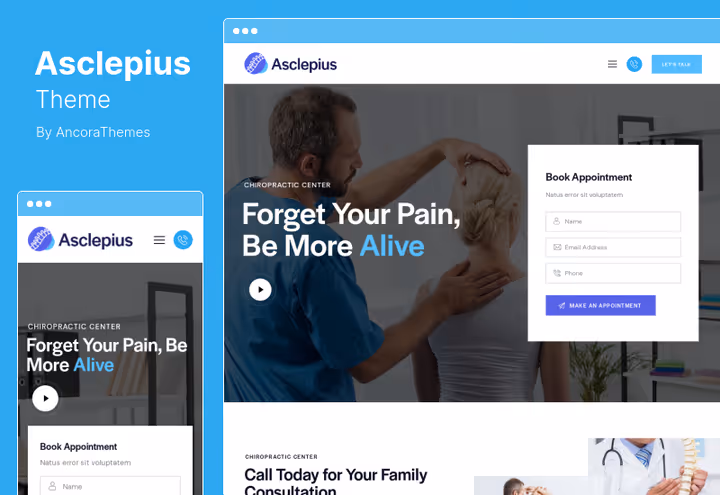 Tema Asclepius com 5 sites demo prontos para diferentes especializações