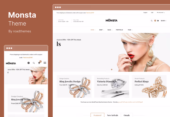 Monsta teema, ehtepood WooCommerce'il paremalt vasakule kirjaviisiga