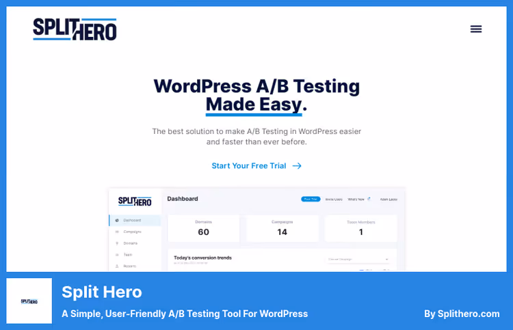 Interface do serviço Split Hero para gerir testes A/B