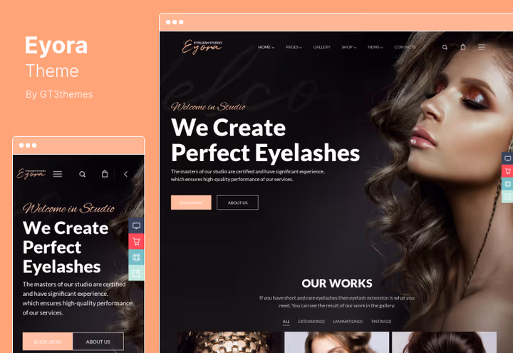 Тема Eyora з Elementor, приклад сторінки для eyelash-студії