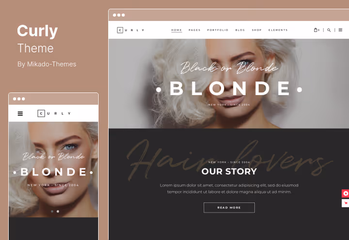 Тема Curly, портфоліо зачісок та сторінка запису для перукарні