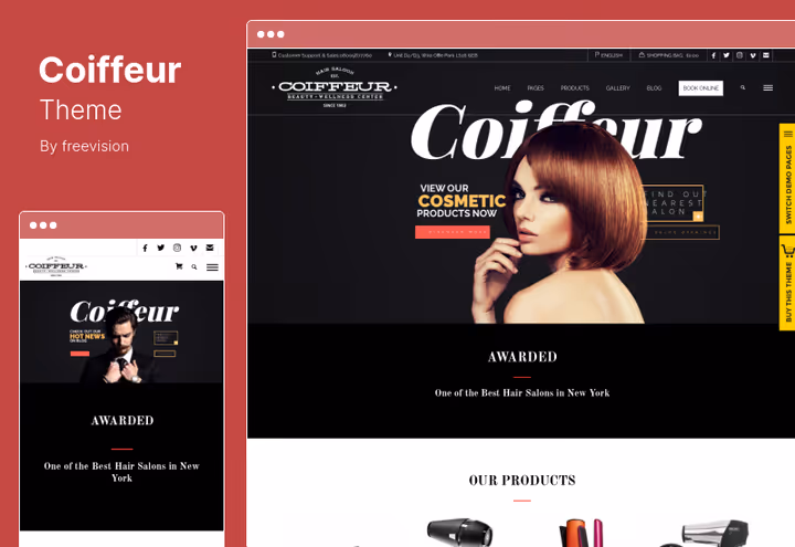 Тема Coiffeur, головна сторінка салону краси з портфоліо та іконками послуг