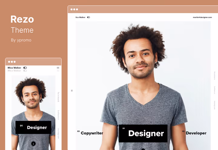 Rezo teema, vCard CV visuaalse ehitaja ja 10 demoga