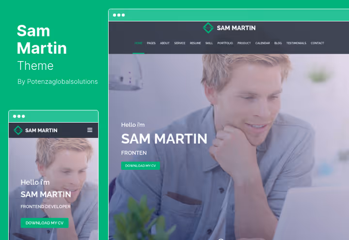 Sam Martin teema, vCard portfoolio WPBakery ja 12 valmissaidiga