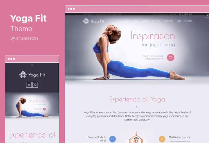 Yoga Fit-tema forside med store treningsbilder