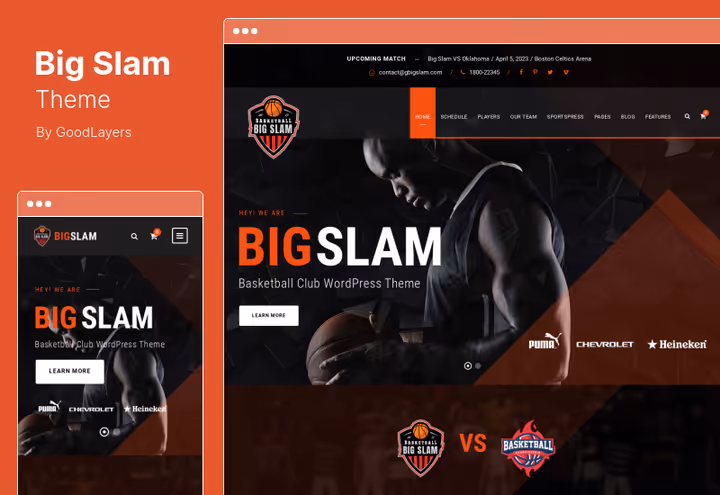 Big Slam, basketball WordPress-tema med 19 topptekstoppsett