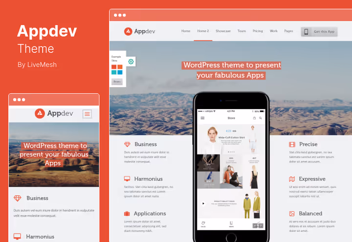 Демо теми Appdev, вітрина мобільного застосунку з паралакс-ефектом