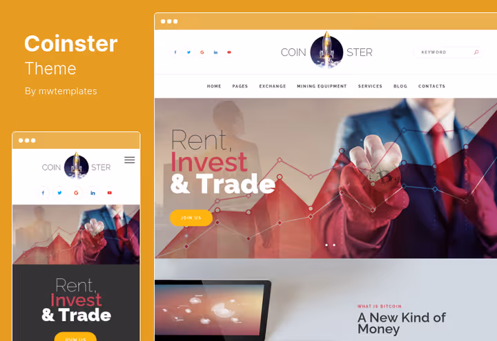 Coinster teema, kaevandamise ja krüptovaluutavahetuse teema ekraanipilt