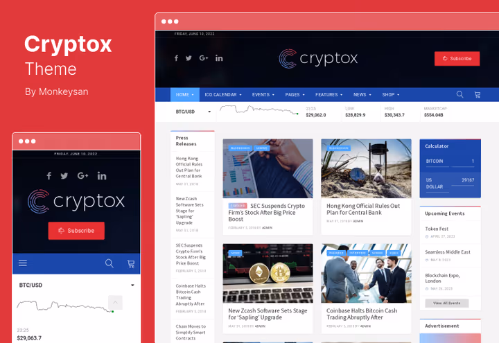 Cryptox teema, ettevõtte krüptosaidi minimalistlik kujundus
