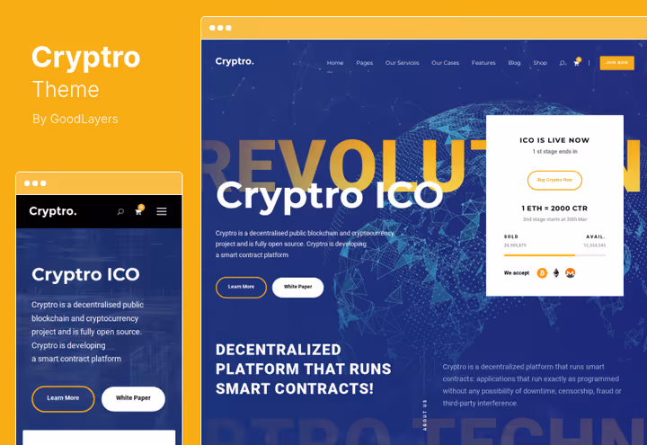 Cryptro teema, finantstehnoloogia WordPressi teema tume skeem