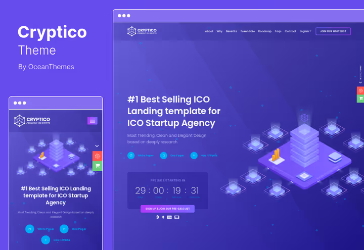 Cryptico teema, ICO krüpto sihtlehe ekraanipilt reaalajas kohandajaga