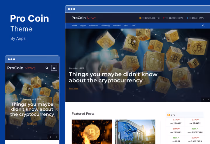 ProCoin teema, krüptoteema WooCommerce'i ja Revolution Slideriga
