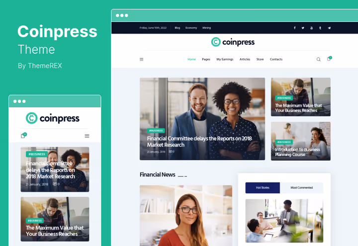 Coinpress teema, krüptoajakirja kujundus AJAX-otsinguga