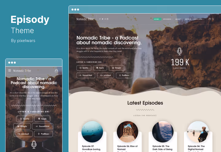 Design minimalista do tema Episody para podcasts
