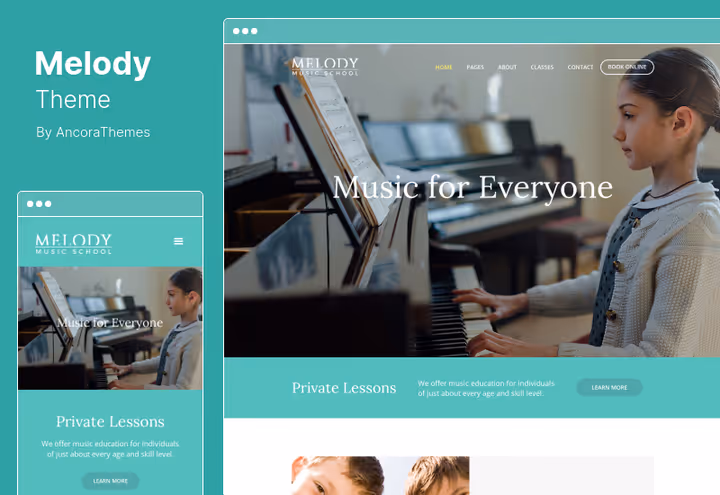 Interface do tema Melody para escola de música