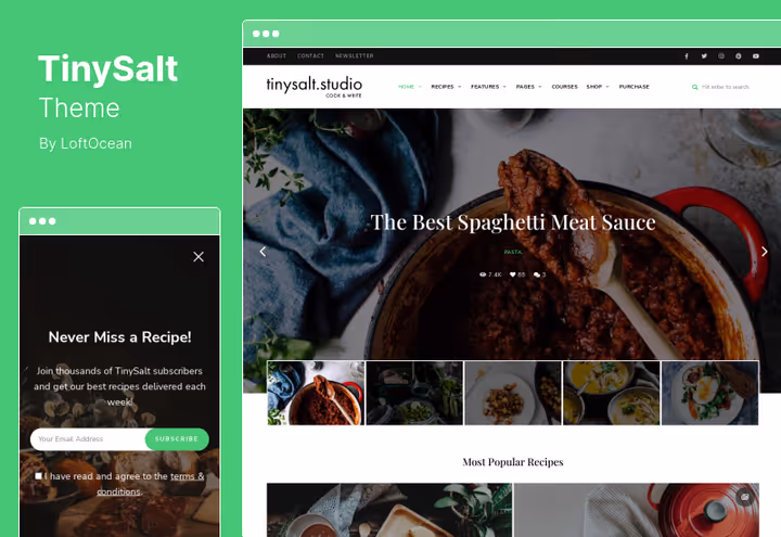 TinySalt teema retseptisüsteemi ja hinnanguga blogile