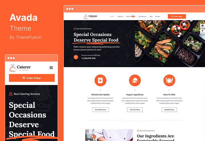 Avada tema skjermbilde, nettstedbygger med visuell editor