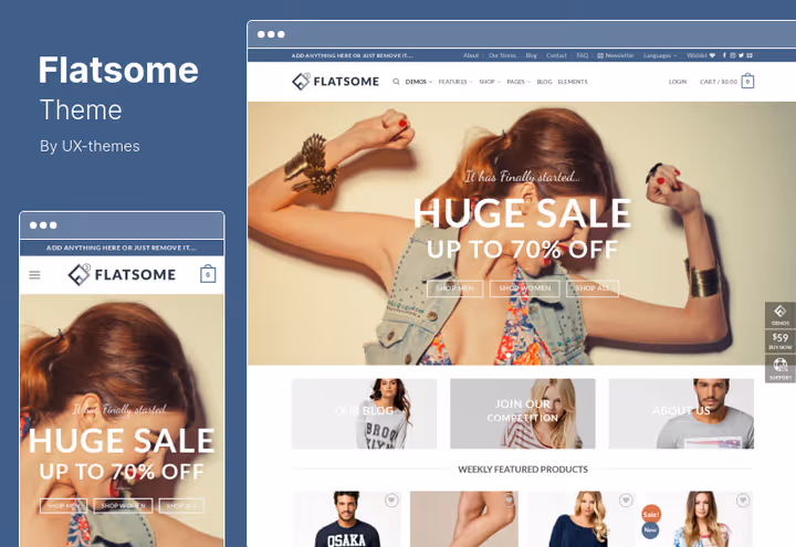 Flatsome tema skjermbilde, responsiv WooCommerce-mal