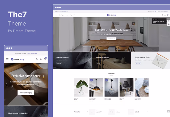 The7 tema skjermbilde, minimalistisk nettstedbygger