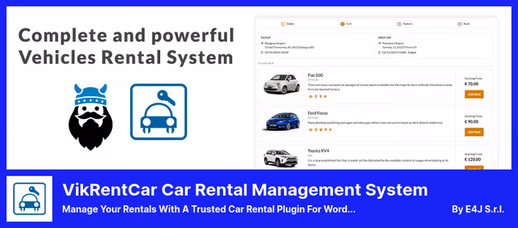 Rental management system dashboard of VikRentCar for WordPress