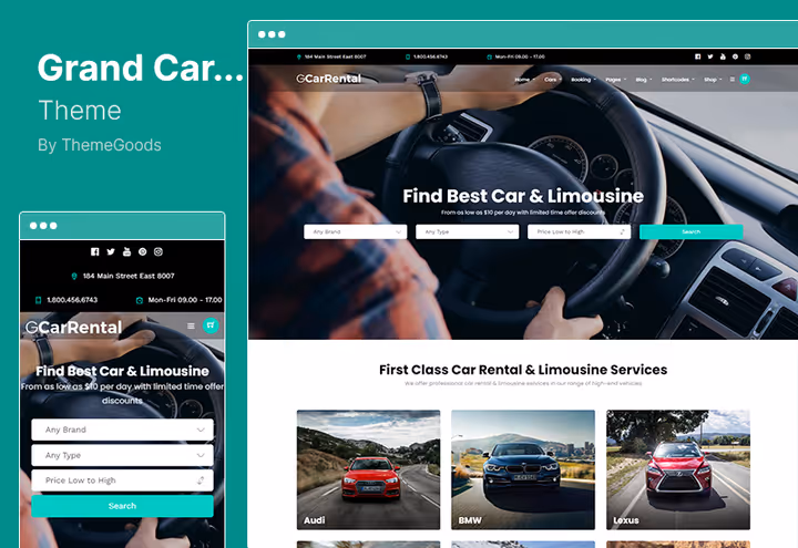 Grand Car Rental teema koduleht auto otsingu vormiga