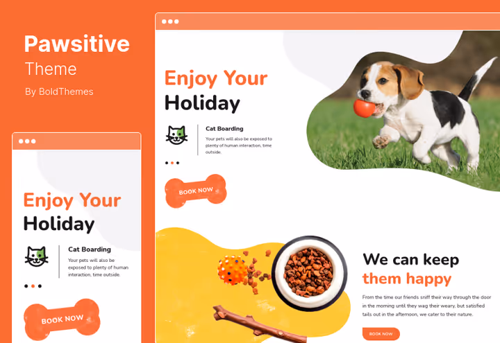 Captura de ecrã do tema Pawsitive para hotéis e lojas de animais