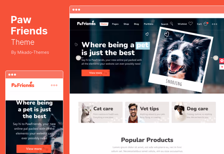 Captura de ecrã do tema PawFriends para clínicas veterinárias e lojas de animais