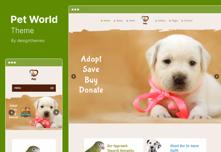 Captura de ecrã do tema Pet World para encontrar pet sitters