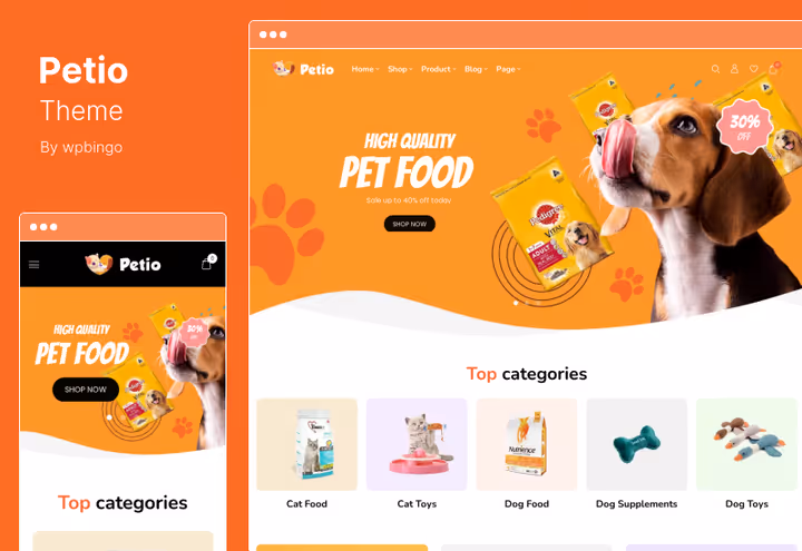 Captura de ecrã do tema Petio WooCommerce para comida de animais