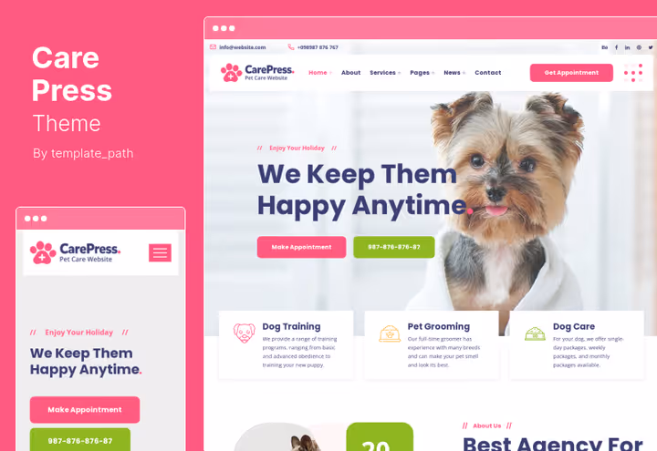 Captura de ecrã do tema CarePress para cuidados de animais e serviços veterinários
