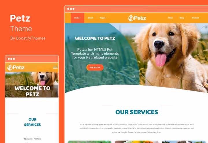 Captura de ecrã do tema Petz para clínicas veterinárias e hotéis de animais