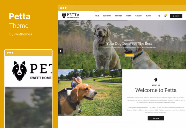 Captura de ecrã do tema Petta para clínicas e salões de beleza para animais