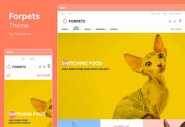 Captura de ecrã do tema Forpets para comida de animais e marketplace