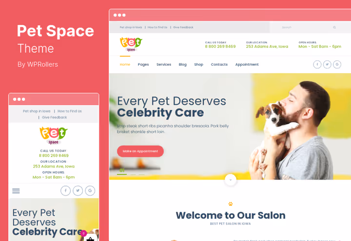 Captura de ecrã do tema PetSpace para grooming e clínicas veterinárias