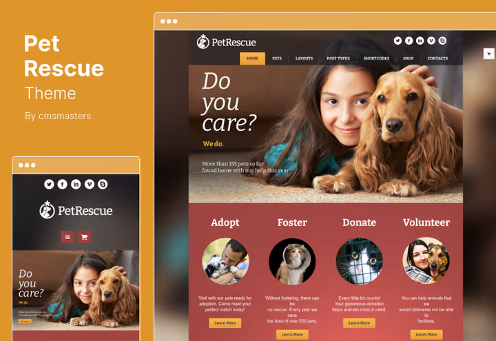 Captura de ecrã do tema Pet Rescue para abrigos e angariação de donativos