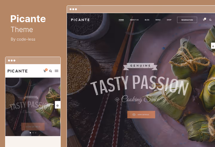 Picante teema Live Visual Builderi ja valuutamuunduriga restoranile
