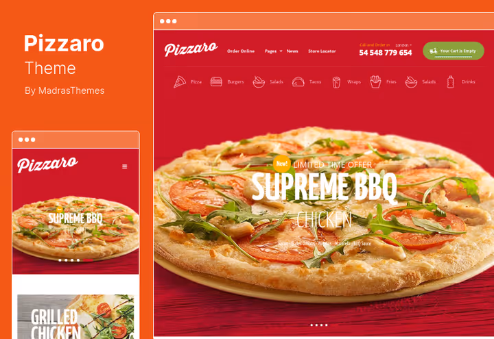 Pizzaro teema pitsabaarile Elementori toega WordPress
