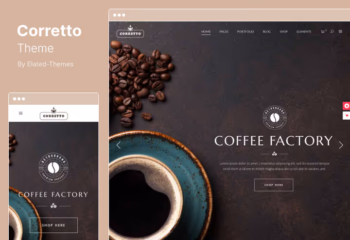 Corretto teema kohvikule Masonry portfoolioga WordPress