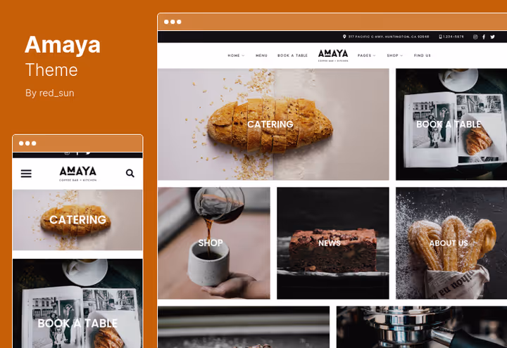 Amaya teema tumeda kujundusega kohvikule või baarile WordPress