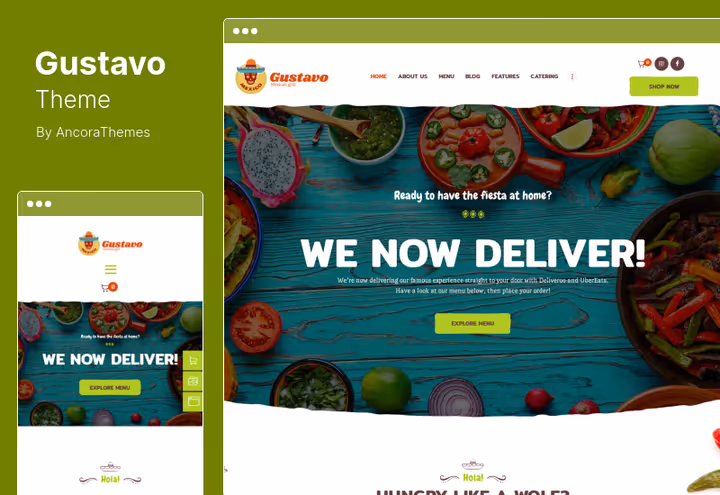 Gustavo teema Mehhiko grillile ja baarile WordPress koos WPBakeryga