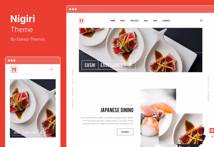 Nigiri teema sushi-baarile minimalistliku valge kujundusega WordPress