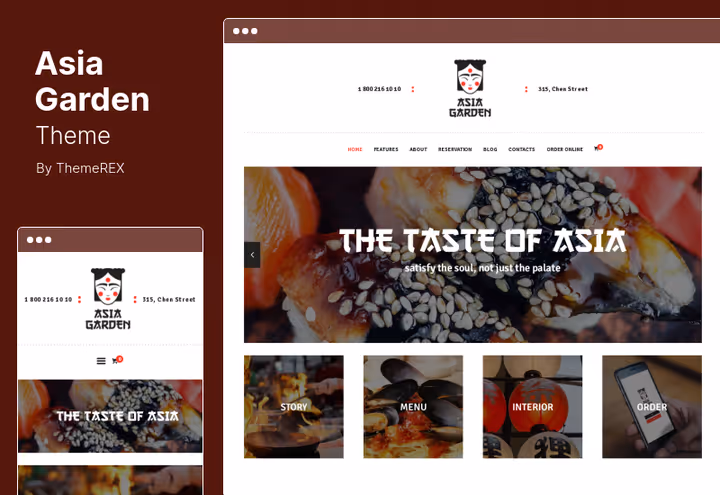 Asia Garden teema Aasia köögi restoranile WPBakeryga WordPress