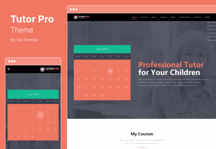 Tutor Pro theme homepage with service blocks and tutor portfolio