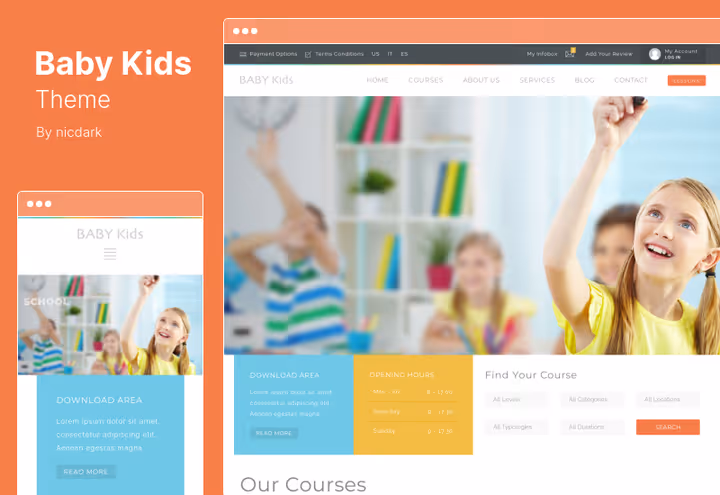 Baby Kids theme for children's center with bright responsive design