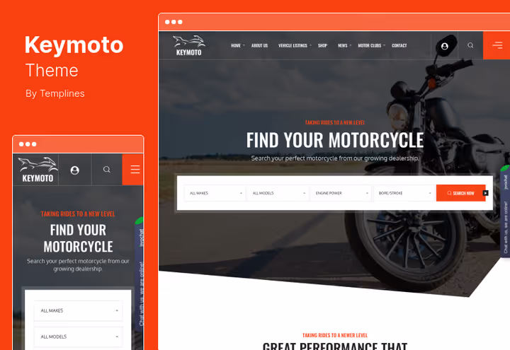 Keymoto teema, edasimüüja ja mootorrattarentimise sait broneerimisvormiga