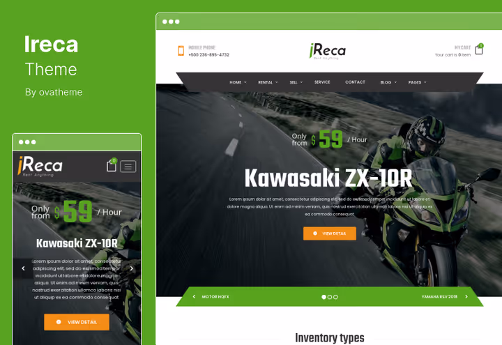 Ireca teema, mootorratta- ja sõidukirendi sait broneerimiskalendriga