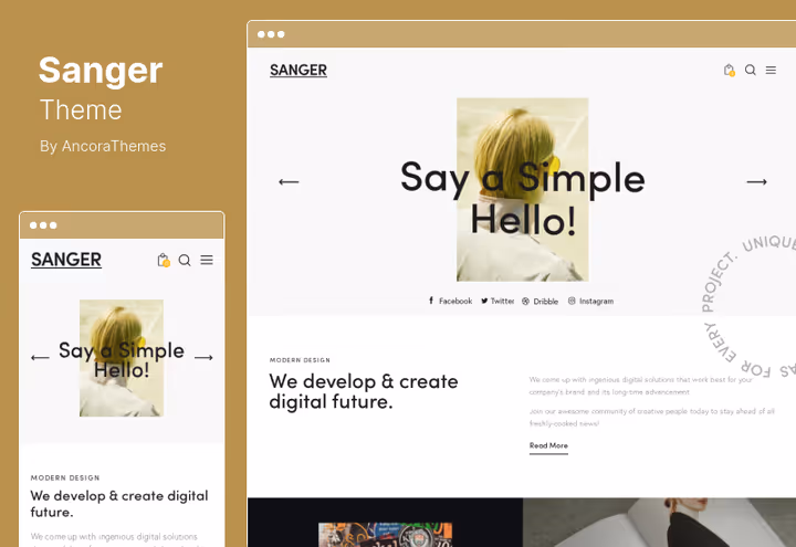 Sanger theme homepage with Elementor portfolio