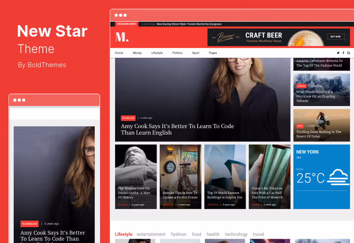 Screenshot of the NewStar theme, magazine layout for a quote site